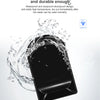 A black compact USB flash drive is shown being splashed with water, demonstrating its waterproof and dustproof design.