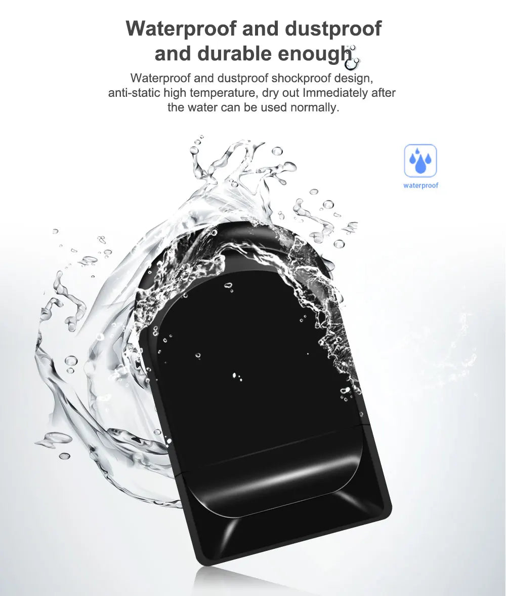 A black compact USB flash drive is shown being splashed with water, demonstrating its waterproof and dustproof design.