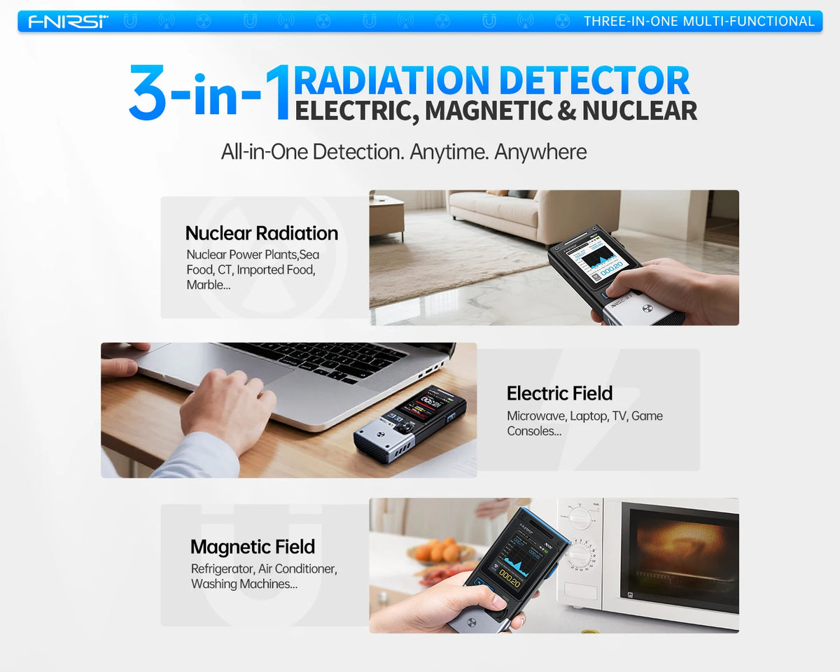 A multi-functional radiation detector showing its use for detecting nuclear, magnetic, and electric fields.