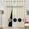 A set of beige blackout curtain panels with various dark color options displayed in a window frame.