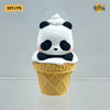 A white panda figure with black markings is placed in a yellow waffle cone.