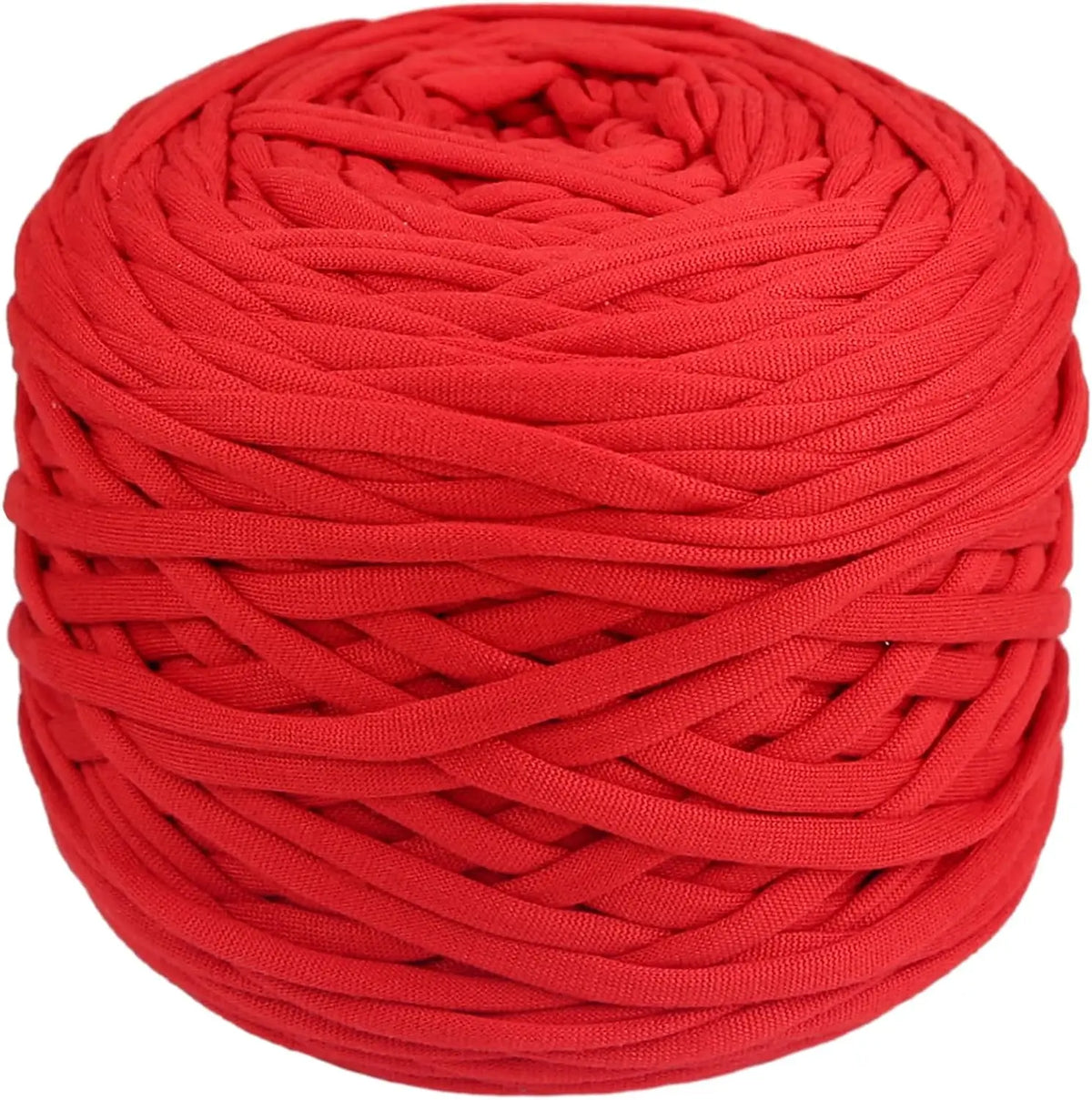 Eine Kugel dicker, leuchtend roter Polyester-Strang, fest aufgewickelt.