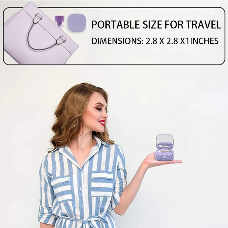 A woman holds a purple compact contact lens travel case, demonstrating its portable size for travel.