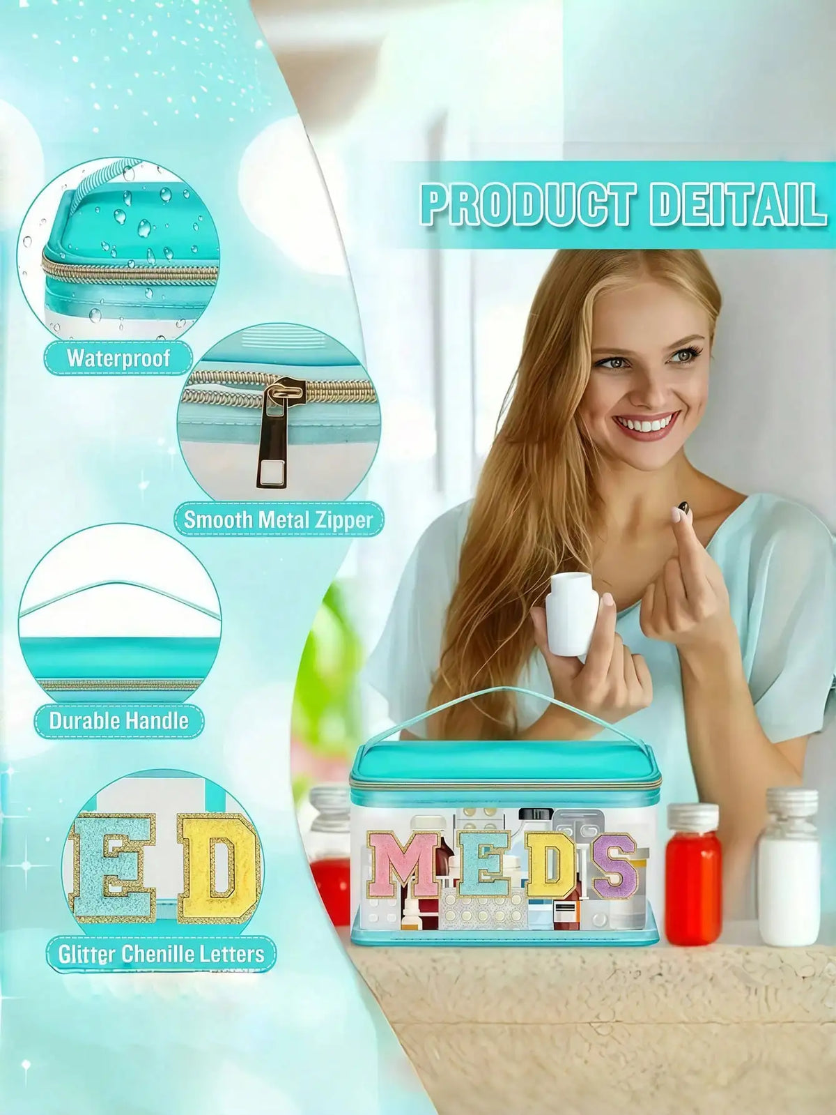 Eine Frau hält eine klare blaue portable Aufbewahrungstasche mit der Aufschrift MEDIZIN mit verschiedenen Kosmetik- und Medik