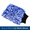 Blue and white microfiber car wash gloves shown next to a black glove.