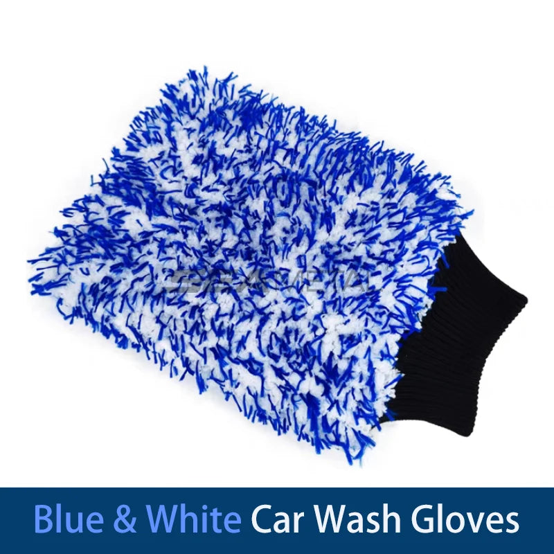 Blue and white microfiber car wash gloves shown next to a black glove.