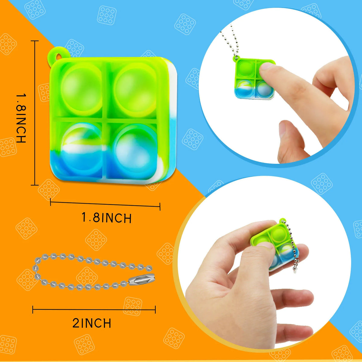 A lime green silicone fidget toy with multiple holes is shown alongside a silver chain and a hand demonstrating its use.