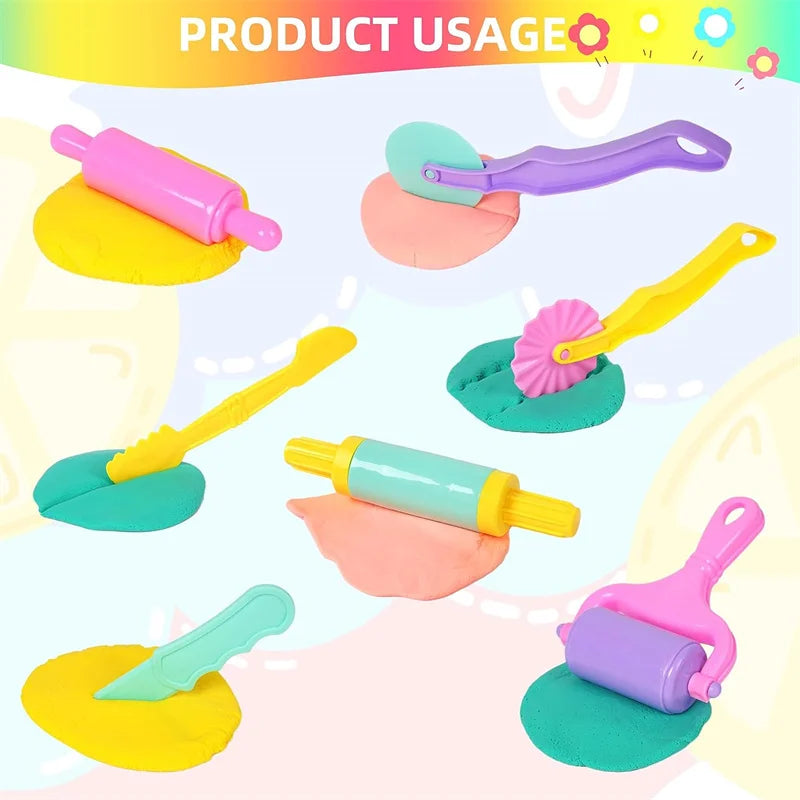 A colorful set of animal-shaped playdough tools including rollers and spreaders for kids