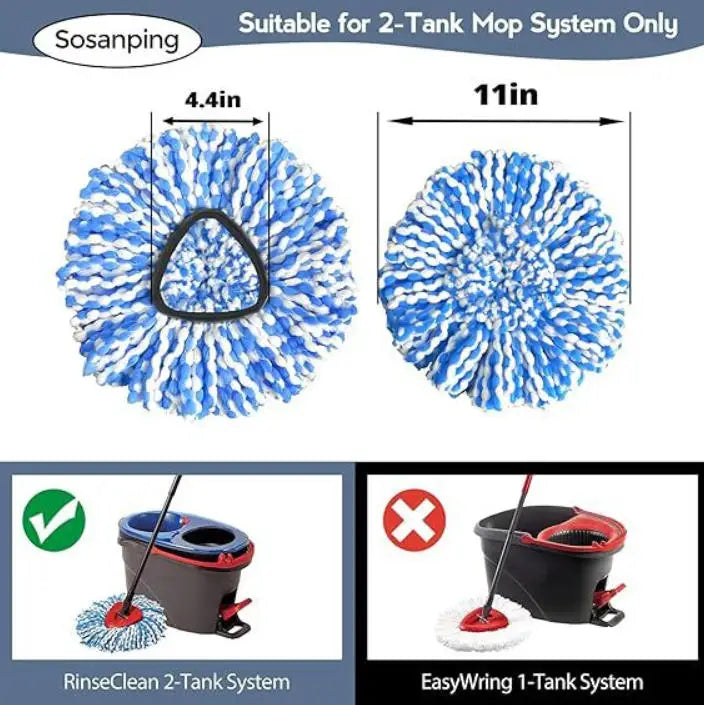 Replacement mop heads for a 2-tank mop system, showing a 4.4in and 11in blue bristled mop head.