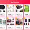 A collection of travel accessories including a shoulder bag, jewelry box, card holder, backpack, and luggage.