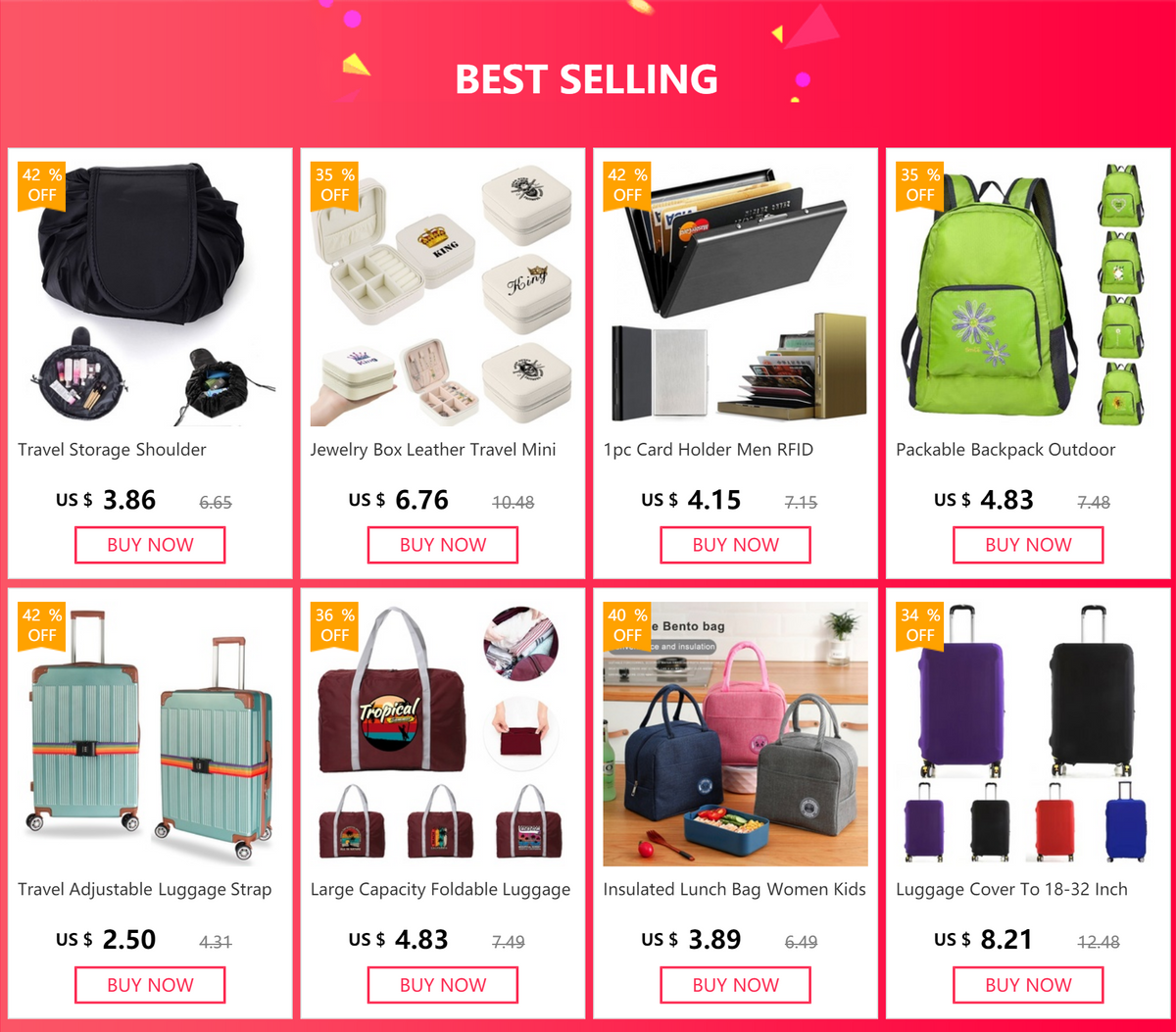 A collection of travel accessories including a shoulder bag, jewelry box, card holder, backpack, and luggage.