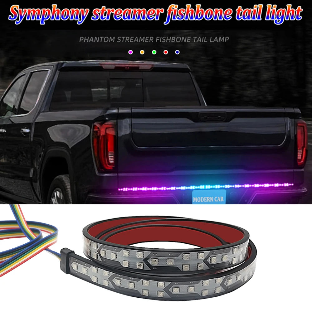 An RGB LED tail light bar for a truck tailgate is shown alongside its flexible LED strip.
