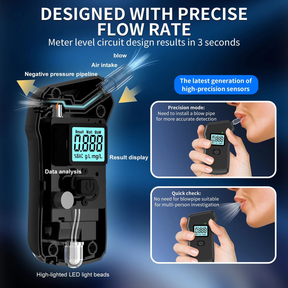 A portable digital breathalyzer device with an LCD display and various components is shown against a dark background.