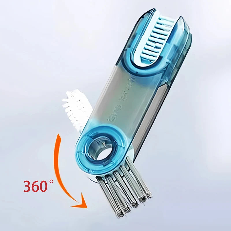 A blue 3-in-1 cup and bottle cleaning brush set shown rotating 360 degrees.