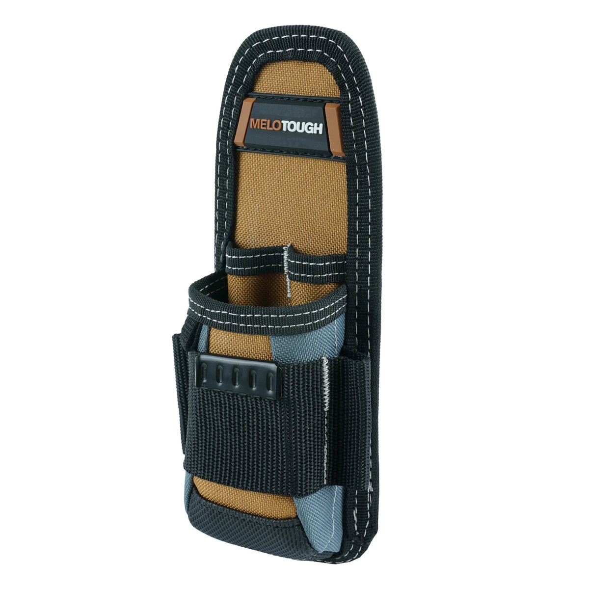A black clip-on tool pouch with a tan belt holster and a MELOTOUGH logo.