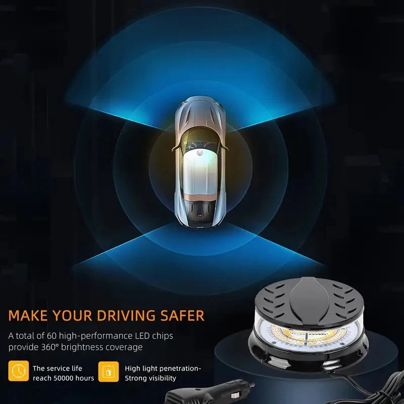 Magnetic mount LED emergency strobe light illuminating a vehicle with blue light beams.