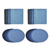 A set of blue and dark gray cotton iron-on patches for denim repair and decoration, shown in rectangular and circular shapes.