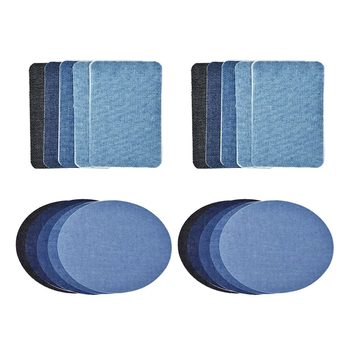 A set of blue and dark gray cotton iron-on patches for denim repair and decoration, shown in rectangular and circular shapes.