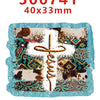 A white cross design on a square acrylic piece with brown and teal floral patterns.