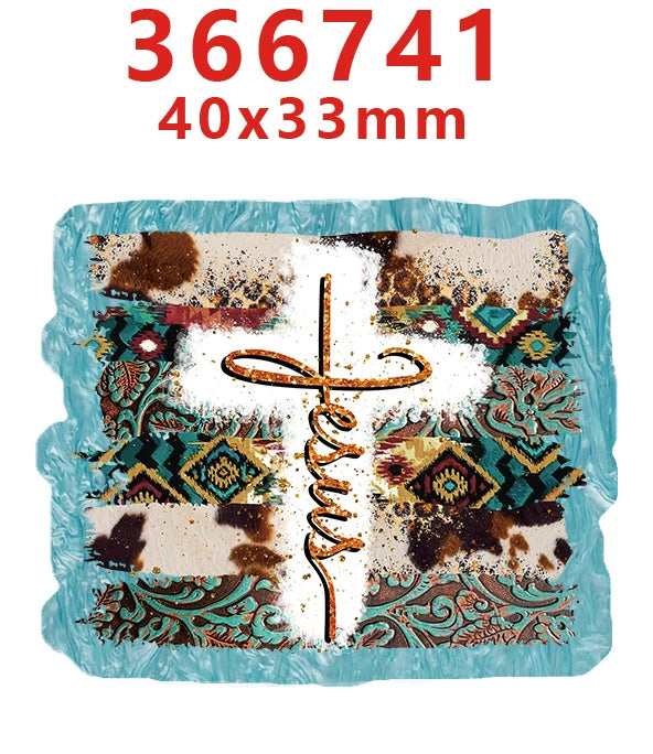 A white cross design on a square acrylic piece with brown and teal floral patterns.