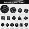 A collection of 15 polyhedral dice in various shapes and sizes, including d10s, d6s, and d20s.