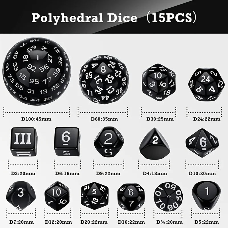 A collection of 15 polyhedral dice in various shapes and sizes, including d10s, d6s, and d20s.