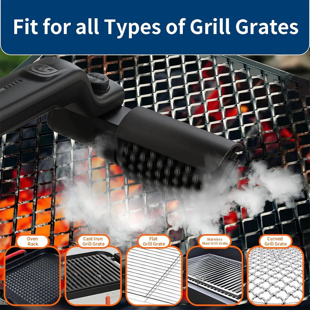 A black rechargeable electric grill brush is shown cleaning various types of grill grates.