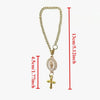 Gold chain rosary necklace with a cross pendant and a steering wheel charm