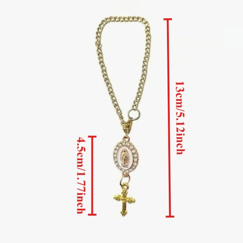 Gold chain rosary necklace with a cross pendant and a steering wheel charm