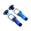 A set of blue carbon fiber rear trunk locking buckles for cars.