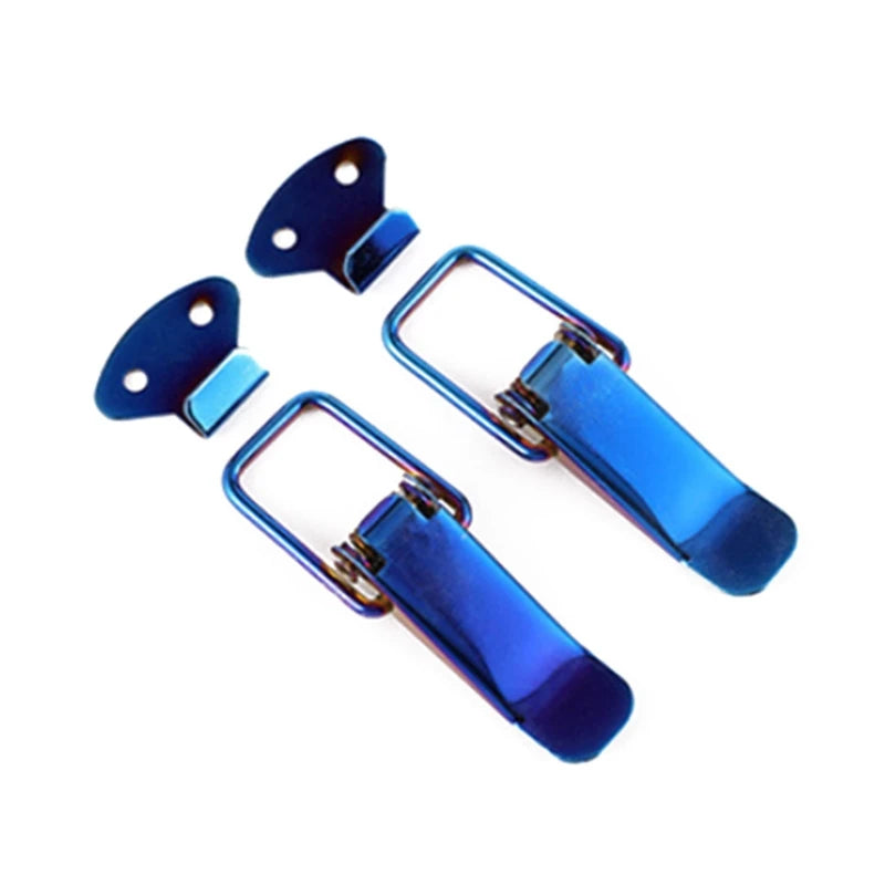 A set of blue carbon fiber rear trunk locking buckles for cars.