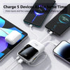 A portable power bank is shown charging five devices simultaneously, including a smartphone and a tablet.
