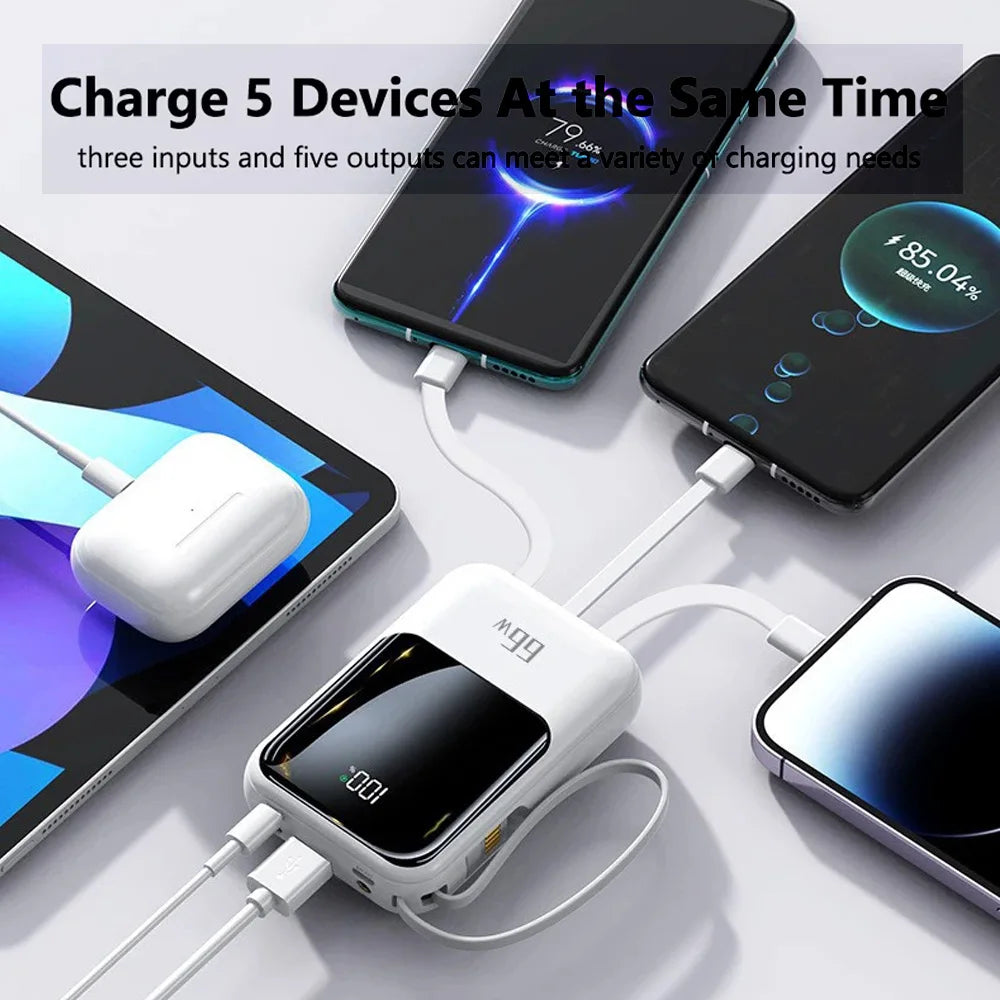 A portable power bank is shown charging five devices simultaneously, including a smartphone and a tablet.