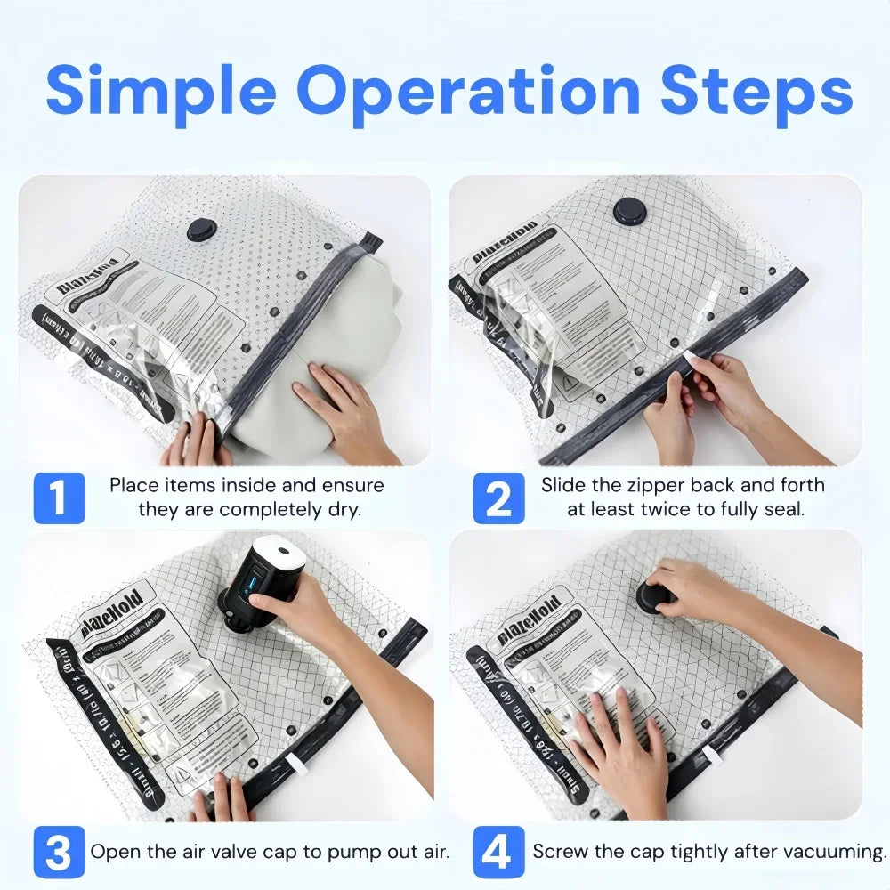 Instructions for using space-saving vacuum storage bags with a pump, showing four simple operation steps.