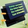 A tablet displaying a green screen with text about color screen, no blue light, no radiation, and eye-friendly features.