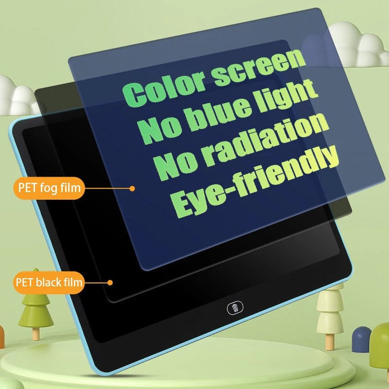 A tablet displaying a green screen with text about color screen, no blue light, no radiation, and eye-friendly features.
