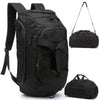 Black 3-in-1 convertible tactical gym backpack with a shoe compartment shown in various views.