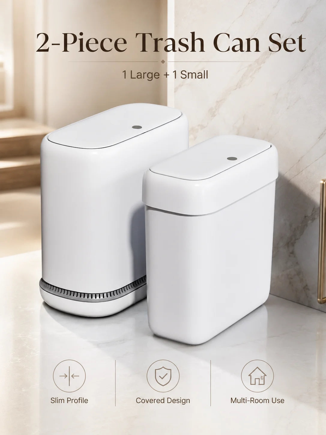 A set of two white, slim rectangular trash cans, one large and one small, shown on a marble surface.
