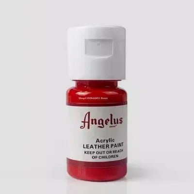 A red bottle of Angelus Acrylic Leather Paint with a white cap.