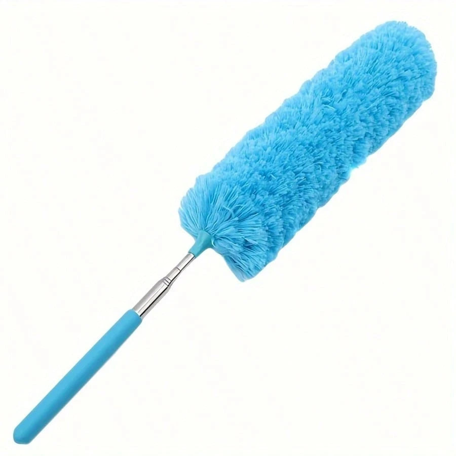 A bright blue flexible microfiber duster with a handle and fluffy head.