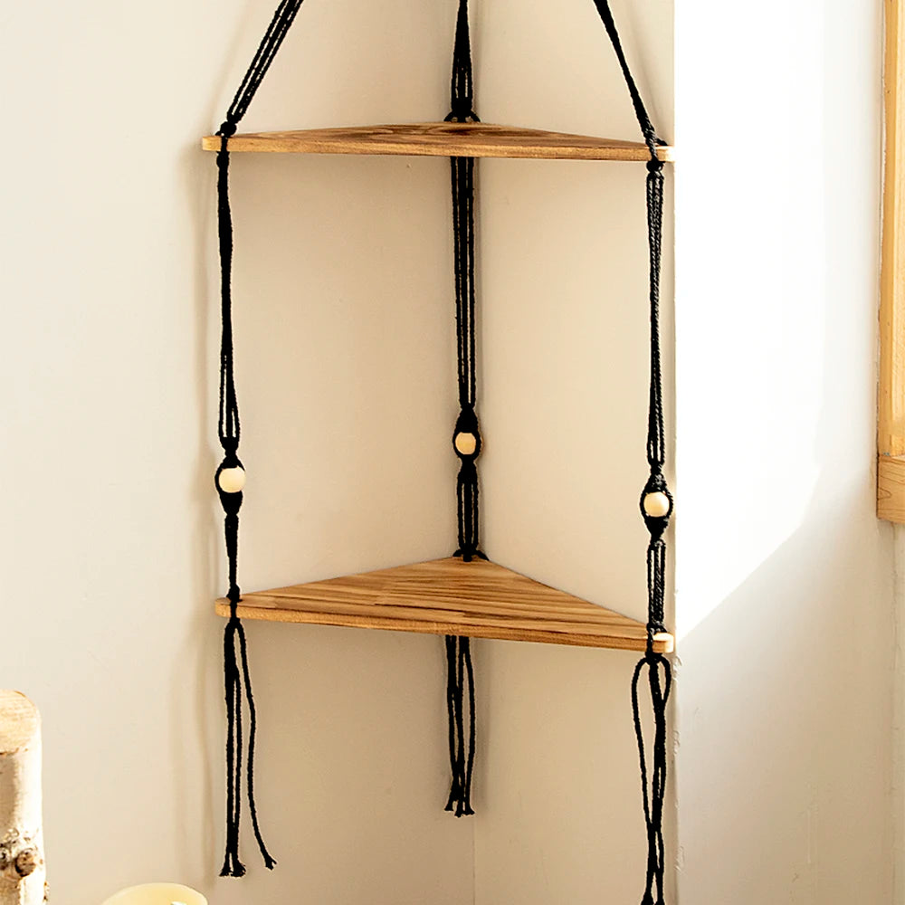 Triangle Wood Floating Wall Shelf with Macrame Rope