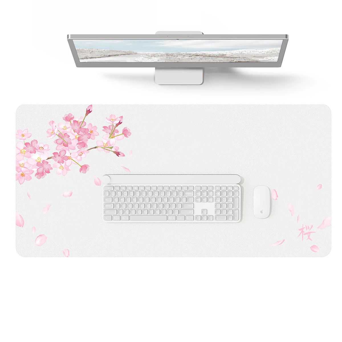 A white waterproof PU leather desk pad featuring a keyboard and mouse, decorated with pink cherry blossoms.