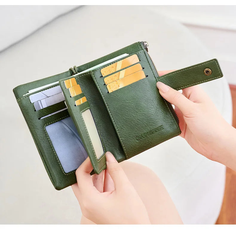 Vintage RFID-Blocking Triple-Fold Wallet with Double Zipper