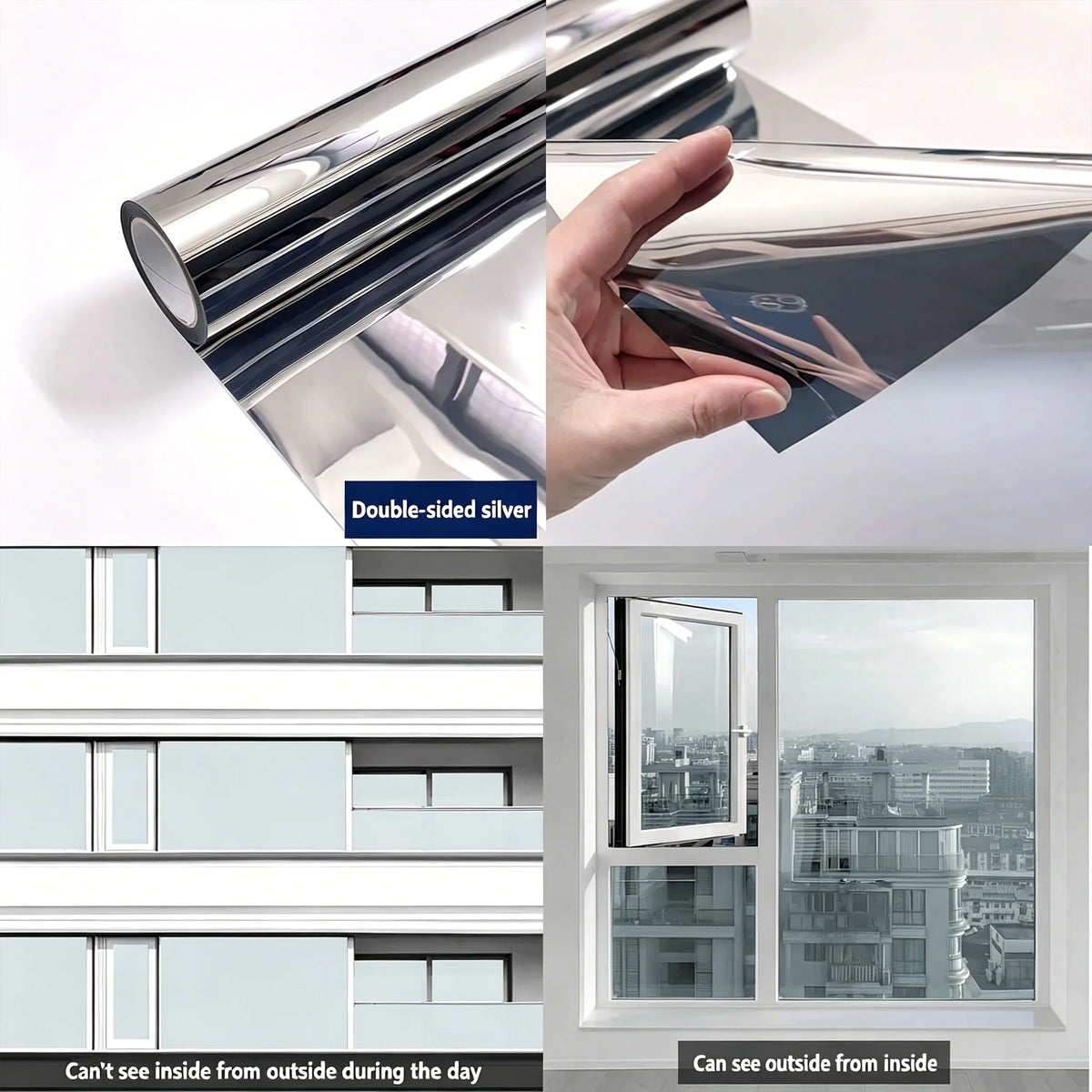 Close-up of double-sided silver film and installation examples showing privacy window film application.