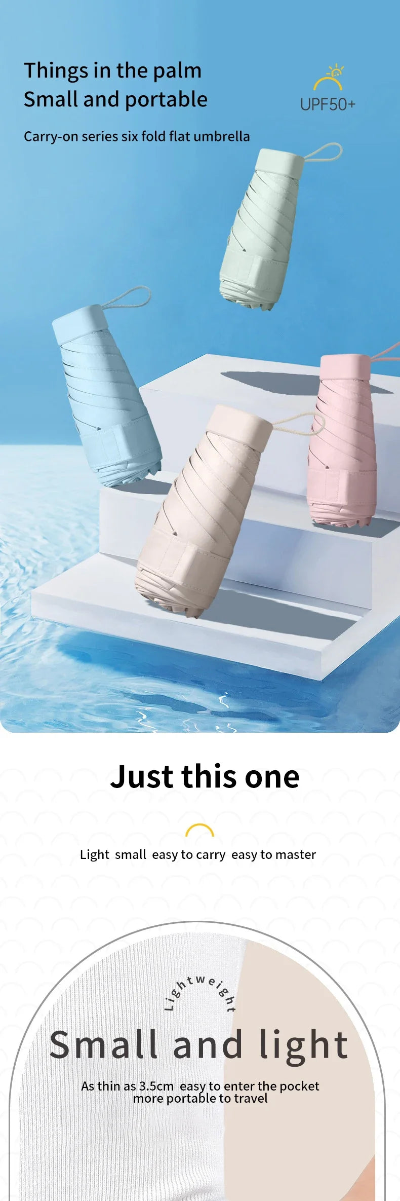 A light pink compact travel umbrella shown in various folded and unfolded states on a white surface.