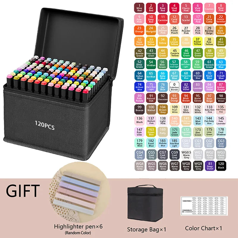 A gift set of 120 colored pens and a storage bag with a color chart for alcohol markers
