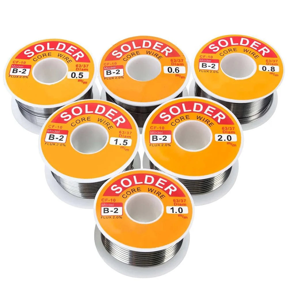 A collection of six spools of solder core wire in various diameters and fluxes, packaged for electronic soldering application