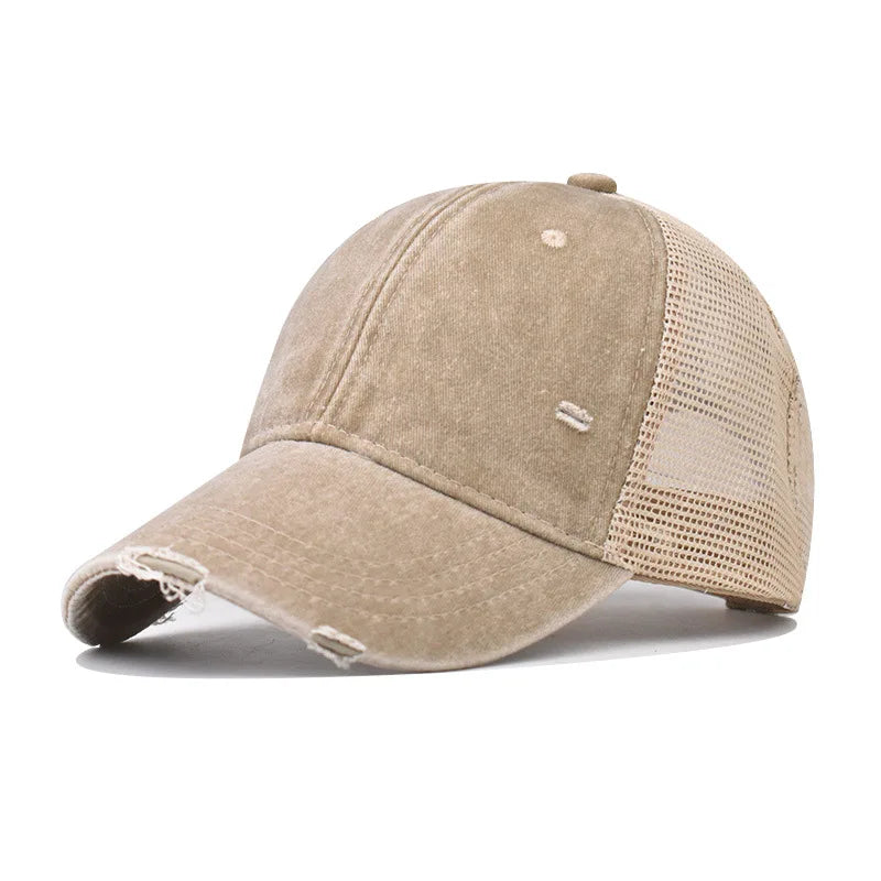 Beige Vintage-gewaschene Baumwoll-Baseballkappe von der Seite