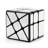 A black speed cube with white faces, showing a close-up view of the interlocking puzzle structure.