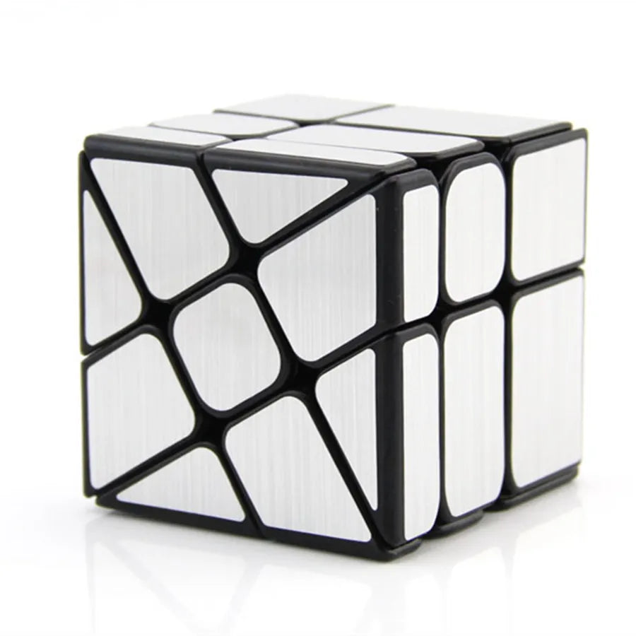 A black speed cube with white faces, showing a close-up view of the interlocking puzzle structure.